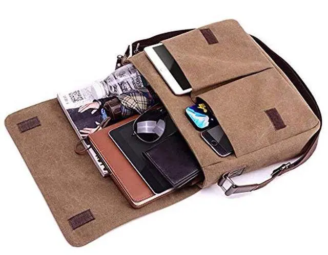 Alt view image 4 of 5 - Unisex Messenger Bag Casual Canvas Bag Shoulder Sling Bag Satchel Messenger Bag for Men Work Office 13 inch Laptop Bag (Medium-Coffee)