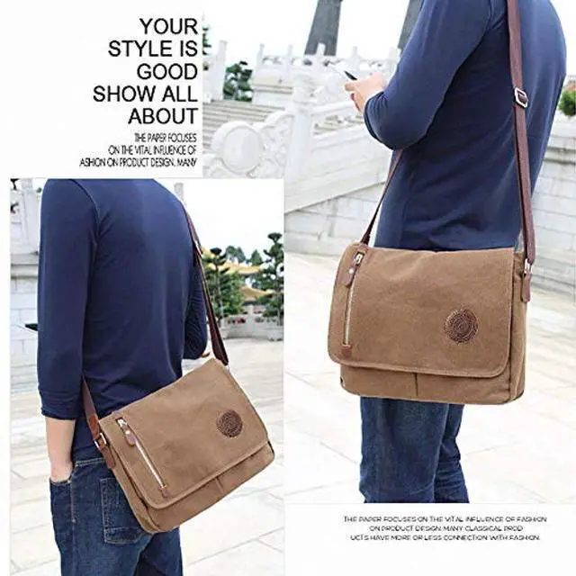 Alt view image 5 of 5 - Unisex Messenger Bag Casual Canvas Bag Shoulder Sling Bag Satchel Messenger Bag for Men Work Office 13 inch Laptop Bag (Medium-Coffee)