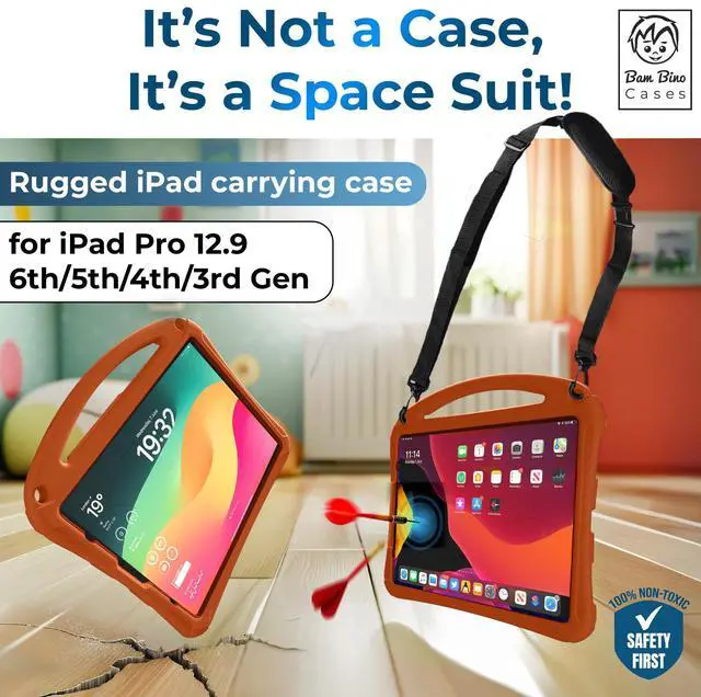 Alt view image 3 of 5 - Bam Bino Space Suit Kids Case for iPad Pro 12.9" 3rd/4th/5th/6th Generation (2018-2022) Models [Not for iPad Pro 12.9 1st/2nd Gen] Screen Guard, Handle, Shoulder Strap, Pencil Holder (Solar Tangerine)