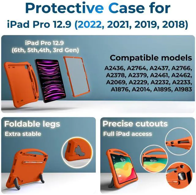 Alt view image 5 of 5 - Bam Bino Space Suit Kids Case for iPad Pro 12.9" 3rd/4th/5th/6th Generation (2018-2022) Models [Not for iPad Pro 12.9 1st/2nd Gen] Screen Guard, Handle, Shoulder Strap, Pencil Holder (Solar Tangerine)