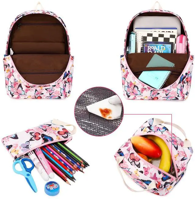 Alt view image 4 of 4 - Sunborls Teens Girls Cute Backpack 3 in 1 with Lunch Bag Pencil Bag Set Females Daily Leisure Travel Laptop Backpack He is Also Back To School Student Bookbags (Butterfly Pattern Pink