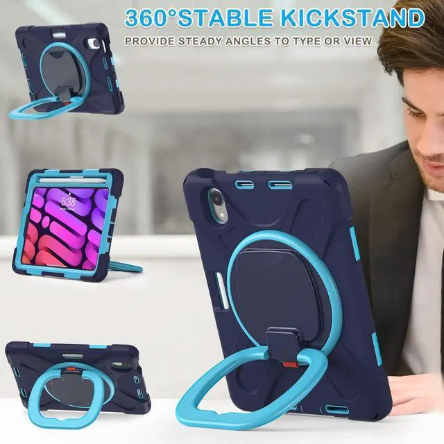 Alt view image 4 of 5 - BATYUE Case for iPad Mini 7 (A17 Pro) 2024/ iPad Mini 6 (A15 Bionic) 2021 8.3 inch, Shockproof Case for iPad Mini 7th/6th Gen with Pencil Holder/ 360deg Swivel Stand/Shoulder Strap - Navy Blue