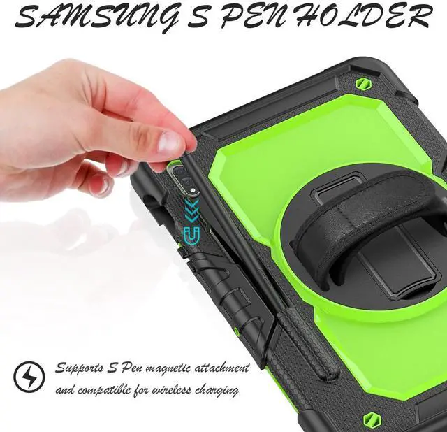 Alt view image 3 of 5 - BASE MALL Case for Samsung Galaxy Tab S8/S7 11-inch 5G Tablet Case 2022/2020 [with Tempered Glass Screen Protector], 360deg Rotating Kickstand/Hand & Shoulder Strap/S Pen Holder (Green)