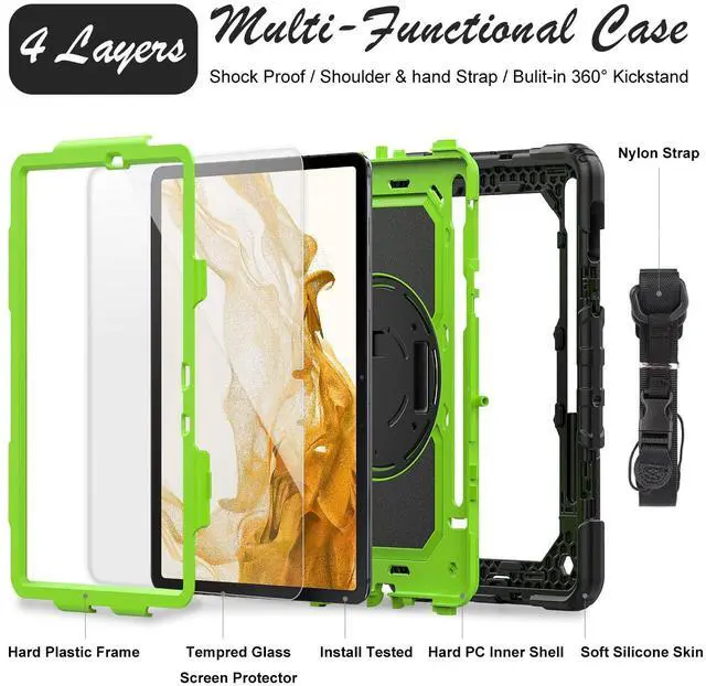 Alt view image 5 of 5 - BASE MALL Case for Samsung Galaxy Tab S8/S7 11-inch 5G Tablet Case 2022/2020 [with Tempered Glass Screen Protector], 360deg Rotating Kickstand/Hand & Shoulder Strap/S Pen Holder (Green)