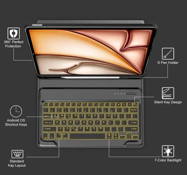 Alt view image 3 of 5 - Keyboard Case for iPad Air 13(M3 2025 / M2 2024) and iPad Pro 12.9 inch 6th/5th Gen, 7 Color Backlit Detachable Keyboard with Pencil Holder for iPad Air 13-inch/iPad Pro 12.9 inch 6th/5th Gen, Black