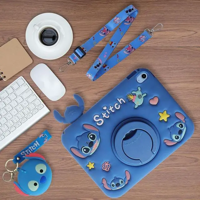 Alt view image 2 of 4 - Beszeith for iPad 9th/8th/7th Generation Case 10.2 Inch - Cute Cartoon Character for Girls Boys Girly Soft Silicone Rotatable Kickstand Kids Case for iPad 9th/8th/7th Gen with Pencil Holder, Blue