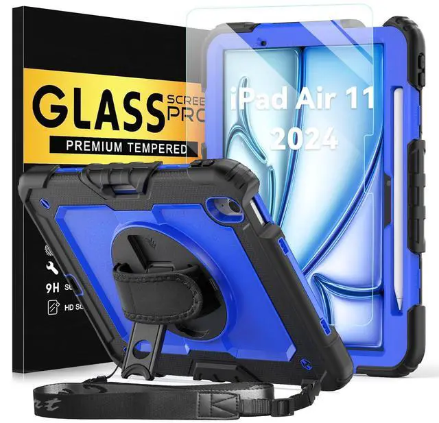 Main image of BLOSOMEET Heavy Duty Case for iPad Air 11 Inch M3 2025 & M2 2024 with Tempered Glass Screen Protector & Pencil Holder,iPad Air M2 Cover with Stand Hand Shoulder Strap (Blue)