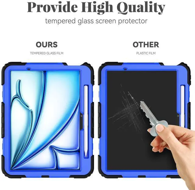 Alt view image 3 of 5 - BLOSOMEET Heavy Duty Case for iPad Air 11 Inch M3 2025 & M2 2024 with Tempered Glass Screen Protector & Pencil Holder,iPad Air M2 Cover with Stand Hand Shoulder Strap (Blue)