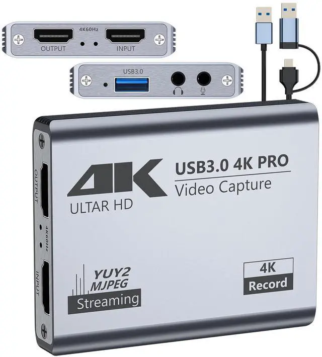 Main image of Video Capture Card, USB 3.0 High-Speed Interface, 1080P 60FPS/2K 30FPS/4K 18FPS Game Capture Recording, Compatible for PS5/Switch/Xbox/Camera/PC/OBS, Supports 4K 60FPS HDMI Loop-Out & Microphone Input