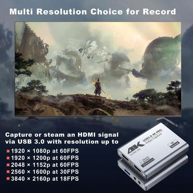 Alt view image 2 of 5 - Video Capture Card, USB 3.0 High-Speed Interface, 1080P 60FPS/2K 30FPS/4K 18FPS Game Capture Recording, Compatible for PS5/Switch/Xbox/Camera/PC/OBS, Supports 4K 60FPS HDMI Loop-Out & Microphone Input