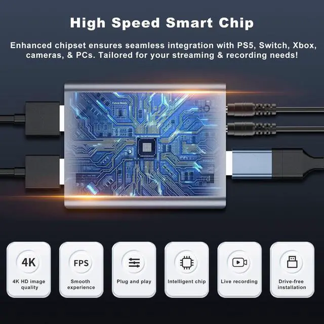 Alt view image 5 of 5 - Video Capture Card, USB 3.0 High-Speed Interface, 1080P 60FPS/2K 30FPS/4K 18FPS Game Capture Recording, Compatible for PS5/Switch/Xbox/Camera/PC/OBS, Supports 4K 60FPS HDMI Loop-Out & Microphone Input