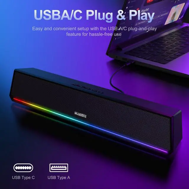 Alt view image 3 of 5 - Bluedee Computer Speakers for Desktop PC, Bluetooth 5.3 PC Speakers with Dynamic RGB Light, Wired USB Plug & Play Computer Sound Bar, USB/Type-C Powered Gaming Speakers for Desktop, Laptops, Tablet