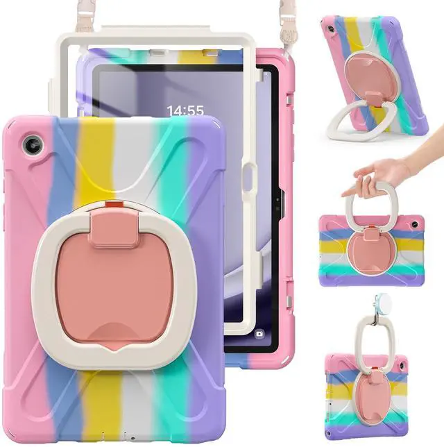 Main image of BRAECN Case for Samsung Galaxy Tab A9 Plus/ A9+ 11 2023 (SM-X210/X216/X218), Heavy Duty Rugged Cover with Screen Protector, 360 Degree Rotating Stand, Stable Kickstand, Shoulder Strap, Colorful Pink