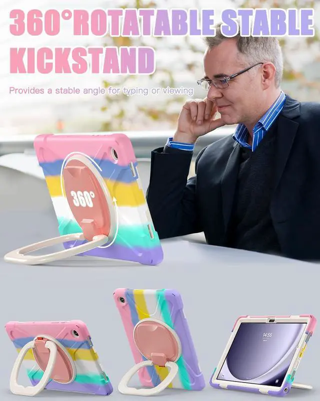 Alt view image 3 of 5 - BRAECN Case for Samsung Galaxy Tab A9 Plus/ A9+ 11 2023 (SM-X210/X216/X218), Heavy Duty Rugged Cover with Screen Protector, 360 Degree Rotating Stand, Stable Kickstand, Shoulder Strap, Colorful Pink