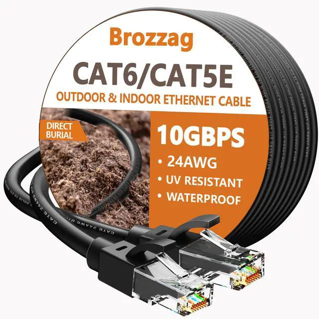 Main image of Brozzag 200 Ft Ethernet Cable for Cat5E/Cat6, 10Gbps 24AWG Cat6 Network Cable, Direct Burial Cable, UTP, LLDPE, RJ45 Patch LAN Cord, Waterproof, Indoor&Outdoor, Cat 5E Internet Cable in Black for PC