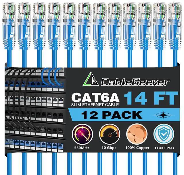 Main image of CableGeeker Patch Cables Cat6a 14ft (12 Pack) Slim, Cat6 Ethernet Patch Cable 10G Support, Snagless RJ45 Cat 6 Patch Cable for Patch Panel to Switch, Flexiable Network Cable - 14 Feet Blue
