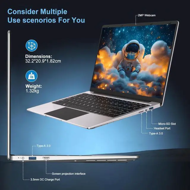 Alt view image 5 of 5 - bvate Laptop Win 11 14" 256GB SSD Up to 1TB SSD Expand Celeron N4020 Up to 2.8Ghz Dual-Core Processor 8GB DDR4 1920x1080 FHD Dual WiFi BT4.2 with Webcam Screen Projection Function for Business-Silver