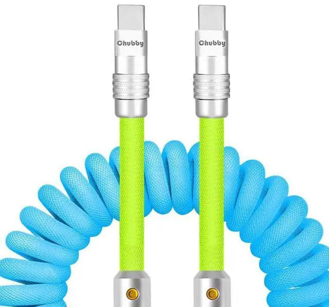 Main image of chubbycable Curly Chubby - 240W Coiled USB C Cable Spring Retractable Fast Charging Cable for Car Compatible with CarPlay, Android Auto, Light Blue+Light Green, Type-C to Type-C, 2.29FT-3.6FT