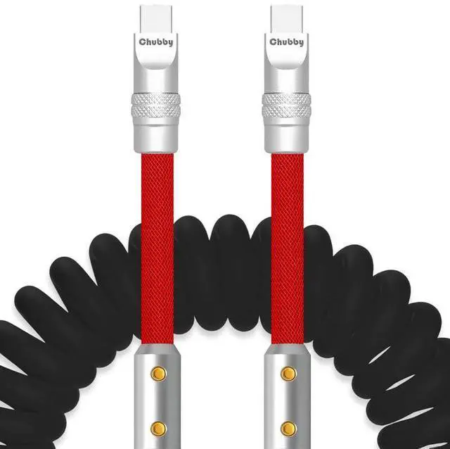 Main image of ChubbyCable Colorblock Chubby - Spring Braided Silicone Charge Cable Coiled USB C Cable, 2.29FT-3.6FT, Fast Charging, Type-C to Type-C, Black+Red