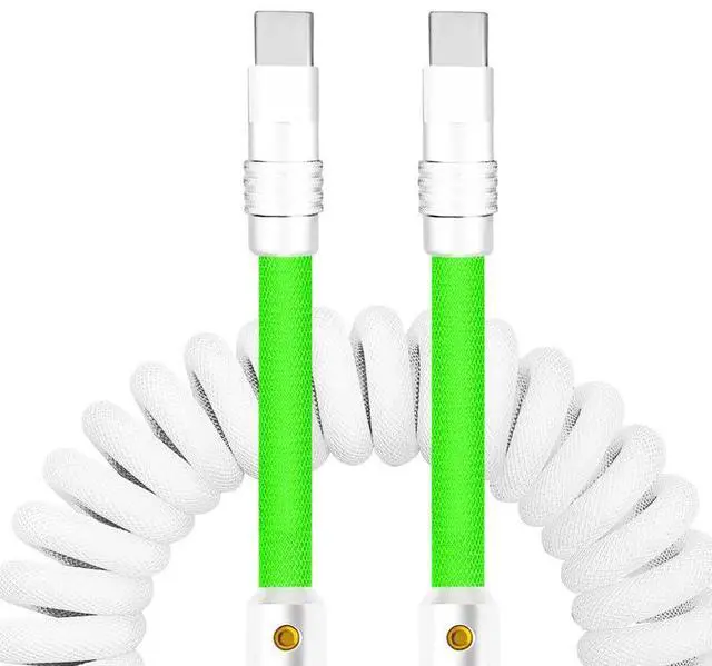 Main image of chubbycable Curly Chubby - 240W Coiled USB C Cable Spring Retractable Fast Charging Cable for Car Compatible with CarPlay, Android Auto, White+Green, Type-C to Type-C, 2.29FT-3.6FT