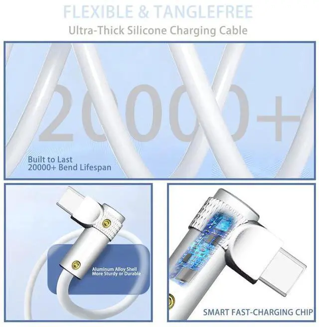 Alt view image 3 of 5 - chubbycable FlexElbow Pro - 90 Degree Design 240W Fast Charge Cable Ultra-Thick Silicone Right Angle USB C Cable Phone Tablets Charging Cord, White, Double Elbow Type C to Type C, 0.82FT