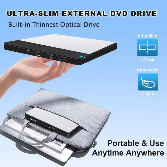 Alt view image 3 of 5 - NOLYTH External CD DVD Drive: USB Burner for Laptop Mac PC MacBook Windows 11 - Portable Slim with SD/TF/2 USB Ports Aluminium Plate Design - Plug & Play High-Speed Read Write(Black Silver)