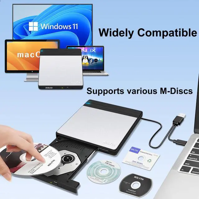 Alt view image 4 of 5 - NOLYTH External CD DVD Drive: USB Burner for Laptop Mac PC MacBook Windows 11 - Portable Slim with SD/TF/2 USB Ports Aluminium Plate Design - Plug & Play High-Speed Read Write(Black Silver)
