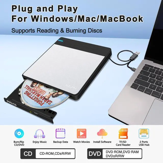Alt view image 2 of 5 - NOLYTH External CD DVD Drive: USB Burner for Laptop Mac PC MacBook Windows 11 - Portable Slim with SD/TF/2 USB Ports Aluminium Plate Design - Plug & Play High-Speed Read Write(Black Silver)