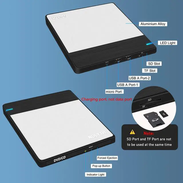 Alt view image 5 of 5 - NOLYTH External CD DVD Drive: USB Burner for Laptop Mac PC MacBook Windows 11 - Portable Slim with SD/TF/2 USB Ports Aluminium Plate Design - Plug & Play High-Speed Read Write(Black Silver)