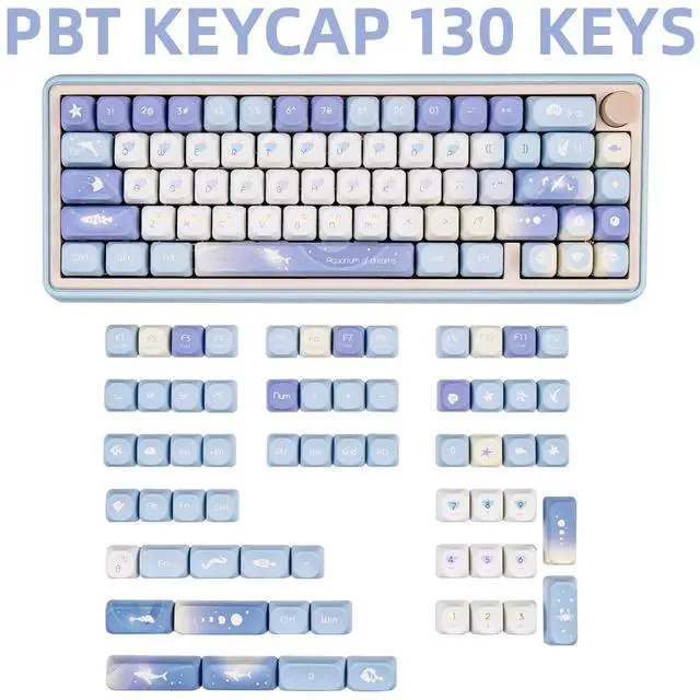 Alt view image 2 of 5 - COOMICKEY Blue White PBT Keycaps XOA Keycap, Custom Keyboard Keycaps 60 65 75 100 Percent, Cute Key Cap Dye Sublimation, 130 Keys Anime Keycap Set for Cherry Gateron MX Switches Keyboards