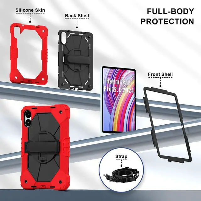 Alt view image 3 of 5 - Doemoil for Xiaomi Redmi Pad Pro 12.1"/Xiaomi Poco Pad 12.1" Case with with Kickstand/Hand Strap/Rotating/Shoulder Strap (Red/Black)