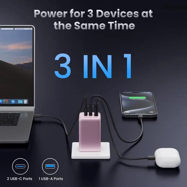 Alt view image 2 of 5 - 130W USB C Charger Block,GaN 3-Port Compact Wall Charger,Foldable Fast Charging Station,PD 65W USB C Laptop Charging for MacBook Pro/Air, Dell XPS, iPhone 16/15/14/13,iPad Pro,Galaxy S24 (Pink)