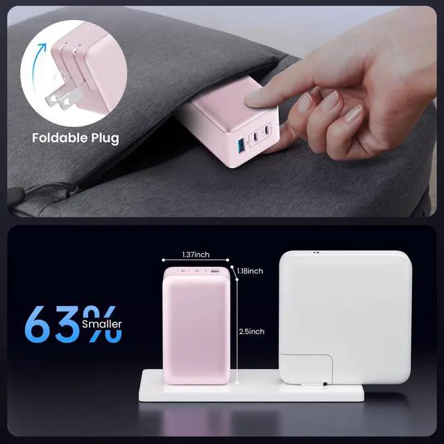 Alt view image 5 of 5 - 130W USB C Charger Block,GaN 3-Port Compact Wall Charger,Foldable Fast Charging Station,PD 65W USB C Laptop Charging for MacBook Pro/Air, Dell XPS, iPhone 16/15/14/13,iPad Pro,Galaxy S24 (Pink)