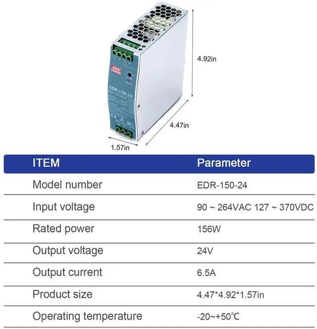 Alt view image 2 of 4 - Mean Well EDR-150-24 150W 24V 6.5A/5.2A AC-DC Single Output DIN Rail Power Supply - for Factory Automation, Robotics, and CNC Machines Industrial Power Supply