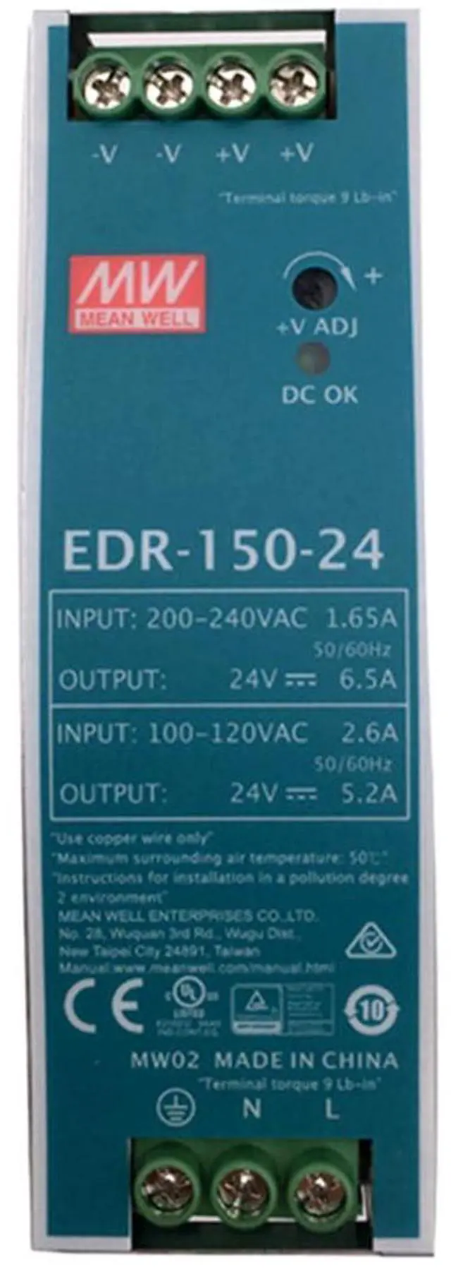 Alt view image 3 of 4 - Mean Well EDR-150-24 150W 24V 6.5A/5.2A AC-DC Single Output DIN Rail Power Supply - for Factory Automation, Robotics, and CNC Machines Industrial Power Supply
