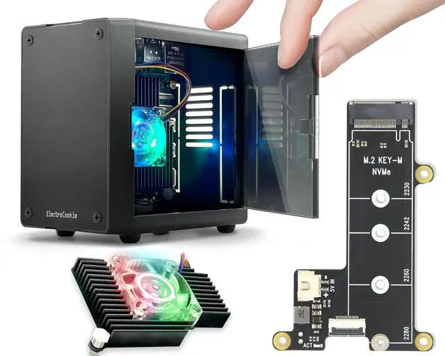 Main image of ElectroCookie Mini PC Case for Raspberry Pi 5 with M.2 NVMe SSD PCIe HAT and Active RGB Lighting Cooler (Black Case + M.2 HAT[X1001])