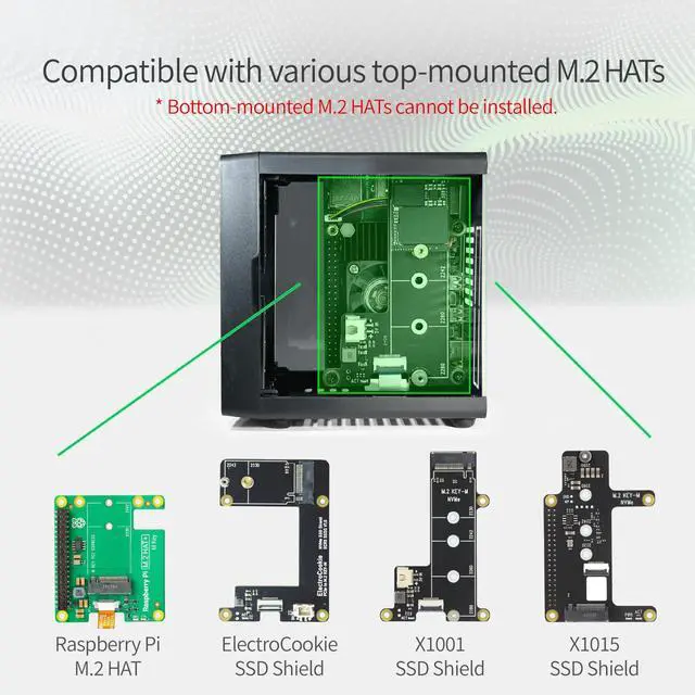 Alt view image 4 of 5 - ElectroCookie Mini PC Case for Raspberry Pi 5 with M.2 NVMe SSD PCIe HAT and Active RGB Lighting Cooler (Black Case + M.2 HAT[X1001])