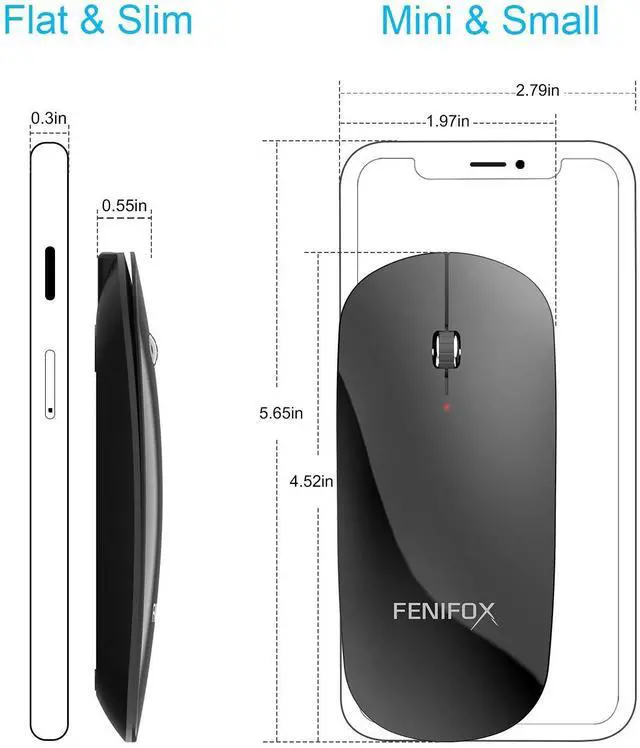 Alt view image 2 of 5 - Bluetooth Mouse FENIFOX Slim Mini Whisper-Quiet Flat Portable Wireless Mice Rechargeable Compatible with Laptop,PC,Tablet Android Windows XP(Black)