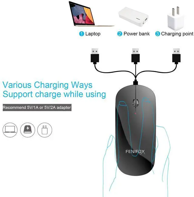 Alt view image 5 of 5 - Bluetooth Mouse FENIFOX Slim Mini Whisper-Quiet Flat Portable Wireless Mice Rechargeable Compatible with Laptop,PC,Tablet Android Windows XP(Black)