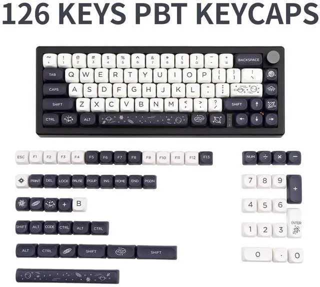 Alt view image 2 of 5 - GEKUCAP MOA Keycaps 126 Keys PBT Keycaps Dye-Sublimation Custom Keyboard Key Caps Set for Cherry Gateron MX Switches Mechanical Keyboards, Black White Space Theme Key Caps