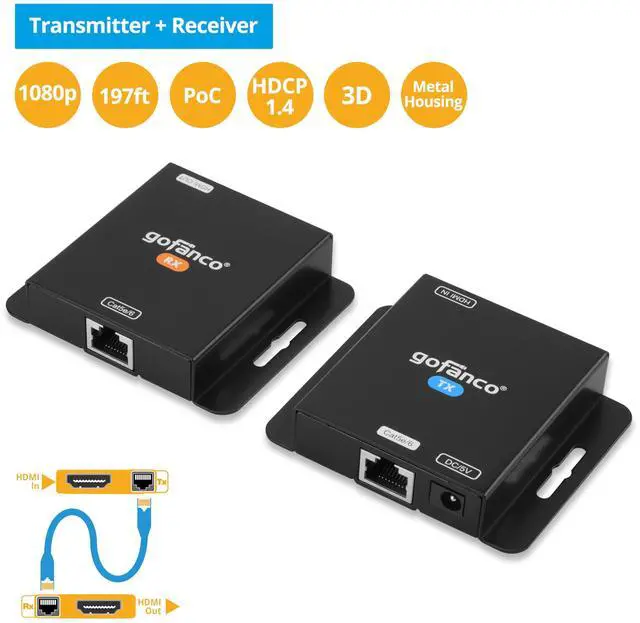 Alt view image 2 of 5 - gofanco 1080p HDMI Extender Over CAT5e/6 Without Signal Loss - Up to 197ft (60m), 1080p 60Hz, 1080i, 720p, 3D, HDCP 1.4, Power-Over-Cable (PoC), LPCM 2.0 Audio, Surface Mountable (HDExt v3.0)