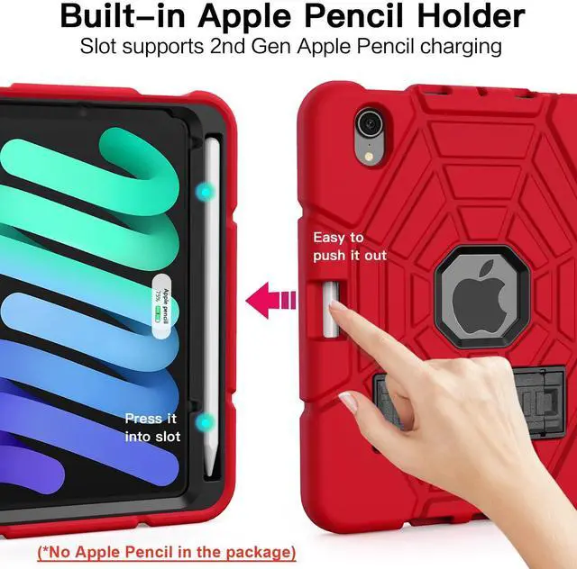 Alt view image 3 of 5 - Grifobes Case for iPad Mini 7th 2024 (A17 Pro) / Mini 6th Generation 2021 8.3", Heavy Duty Shockproof Cover with Pencil Holder Stand, for Mini 7/6 Gen 8.3 inch Case for Kids Boys (Red+Black)