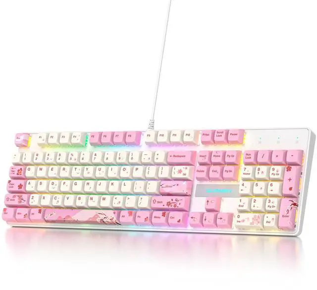 Main image of surmen Full Size Pink Keyboard with Number Pad, 104 Keys RGB Wired Mechanical Gaming Keyboard Backlit with PBT Keycaps Linear Red Switch for Laptop Desktop PC Gamers(104 Ying)
