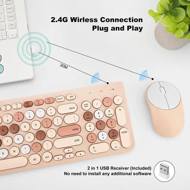 Alt view image 2 of 5 - Wireless Keyboard and Mouse Combo, Retro Typewriter Wireless Keyboard with Round Keycaps, 2.4GHz USB Cute Wireless Keyboard Mouse for Computer, Desktop, Laptop (Milk Tea Colorful)
