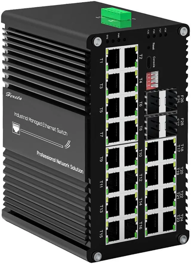 Main image of Hereta Industrial Hardened 28 Port Gigabit Switch Managed Fiber PoE Ethernet Switch,24 x 10/100/1000T RJ45 Port,4 x 1000Base-X SFP Slot,Support USB-C for Management QoS/VLAN/ACL,L2+,720W PoE Budget
