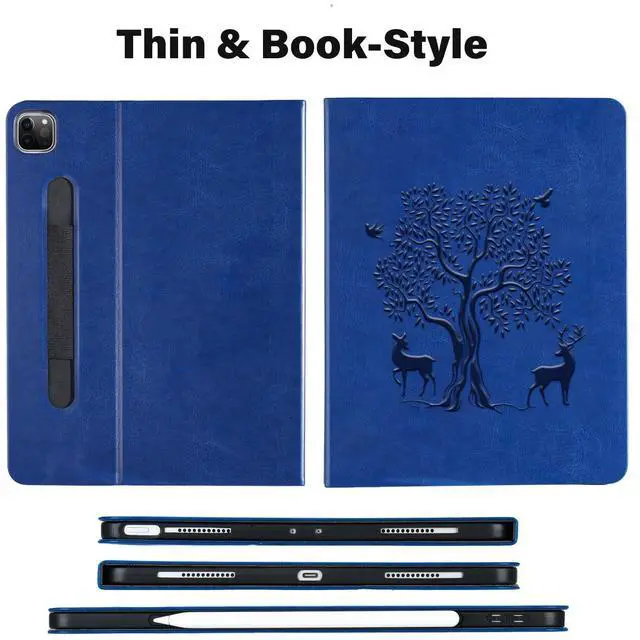 Alt view image 2 of 5 - HFcoupe for M4 iPad Pro 13 inch Case 2024, Book Style iPad Pro 7th Generation Cover with Elastic Pencil Holder, Magnetic Closure, Auto Wake/Sleep Embossed Protective Folio for iPad pro 13", Navy