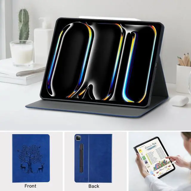 Alt view image 4 of 5 - HFcoupe for M4 iPad Pro 13 inch Case 2024, Book Style iPad Pro 7th Generation Cover with Elastic Pencil Holder, Magnetic Closure, Auto Wake/Sleep Embossed Protective Folio for iPad pro 13", Navy
