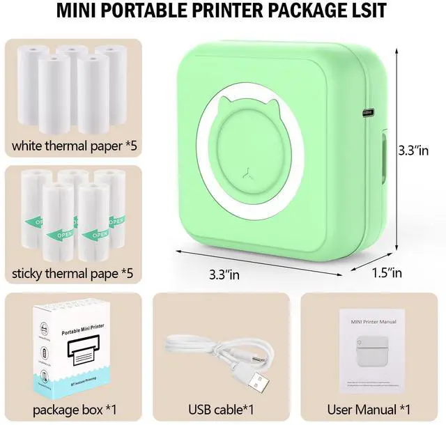 Alt view image 2 of 5 - HUIJUTCHEN Mini Sticker Printer - Mini Pocket Printer for iPhone Thermal Printer with 10 Rolls Thermal Paper for Journal, Memo, Photo, Green, US-024