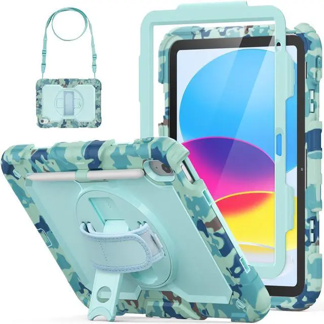 Main image of HXCASEAC Case for iPad (A16) 11th/10th Generation 2025/2022, with Pencil Holder, Screen Protector, Hand Strap, Heavy Duty Protective for iPad 10 Case/ 11-inch A2696/A2757/A3354/A3355, Camo Blue