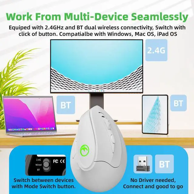 Alt view image 3 of 5 - IFYOO 2.4G and BT 5.1 Dual Mode RGB Rechargeable Wireless Vertical Ergonomic Mouse, 5 Side Buttons, Max 8400 DPI, for PC Computer Notebook Laptop, for Windows 11 10, Mac iPad OS, Android - White